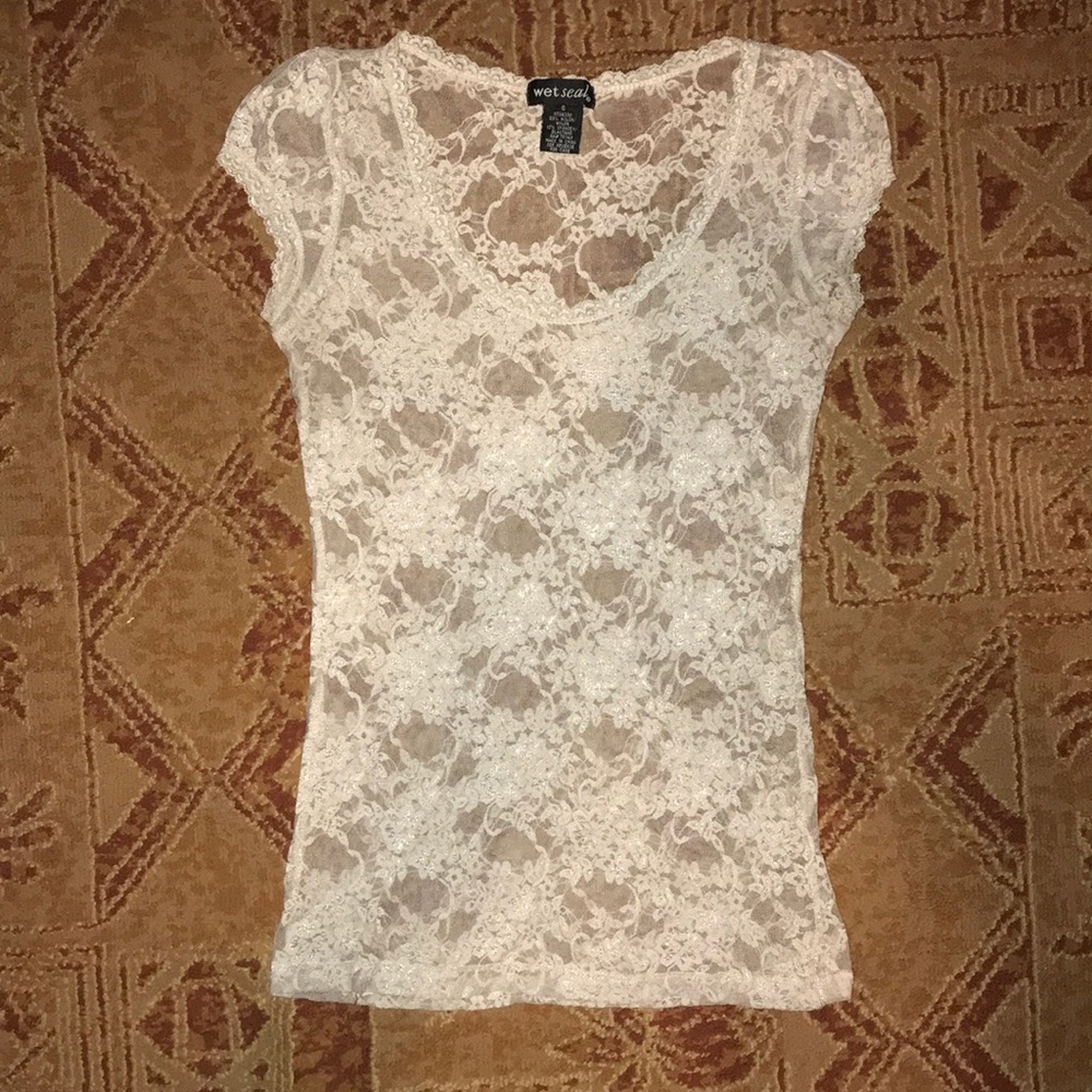 Sheer floral lace blouse short sleeve size small